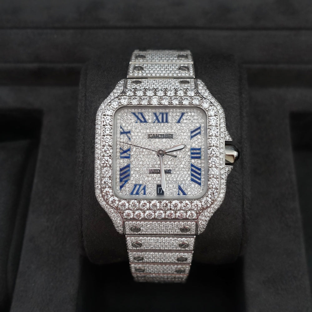 Montre Diamant 40mm - Acier Inoxydable - Cadran Romain - Lunette Gros Diamants