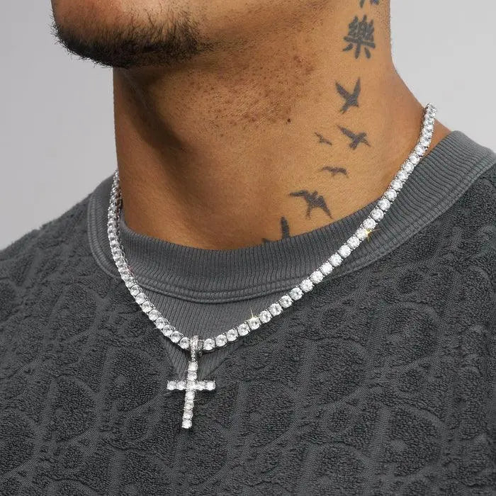 Pendentif Croix Glacé + Chaîne Tennis 4MM