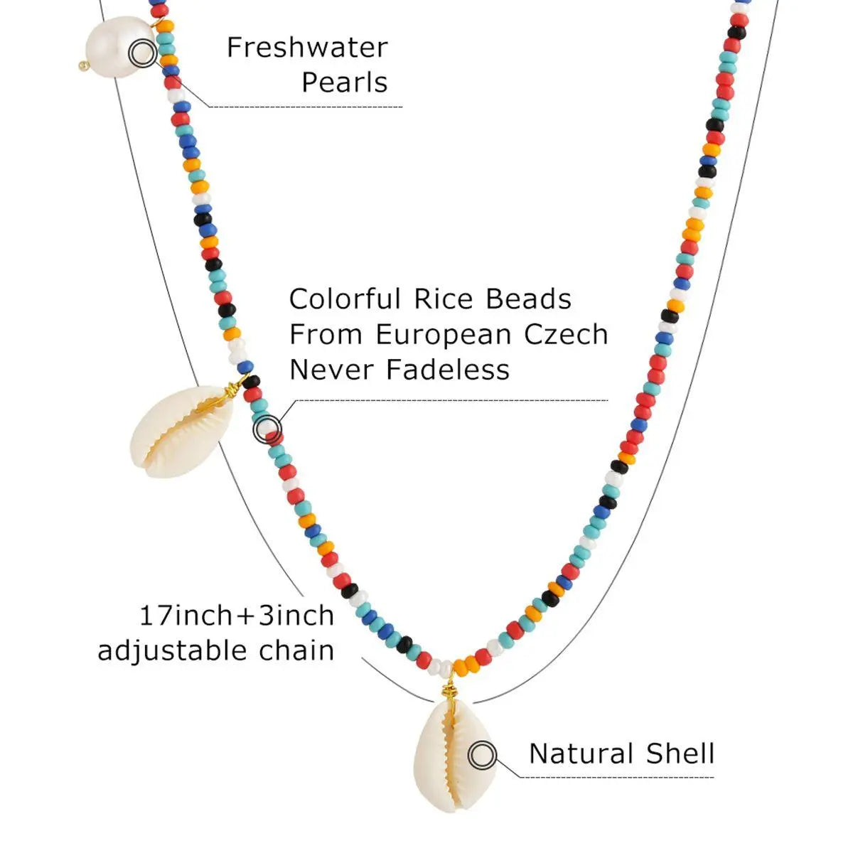 Collier Coquillages Perlé Multicolore avec Perles de Riz Nacrées Tressées à la Main - Or