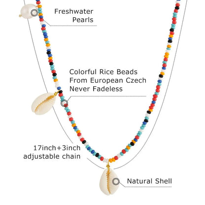 Collier Coquillages Perlé Multicolore avec Perles de Riz Nacrées Tressées à la Main - Or