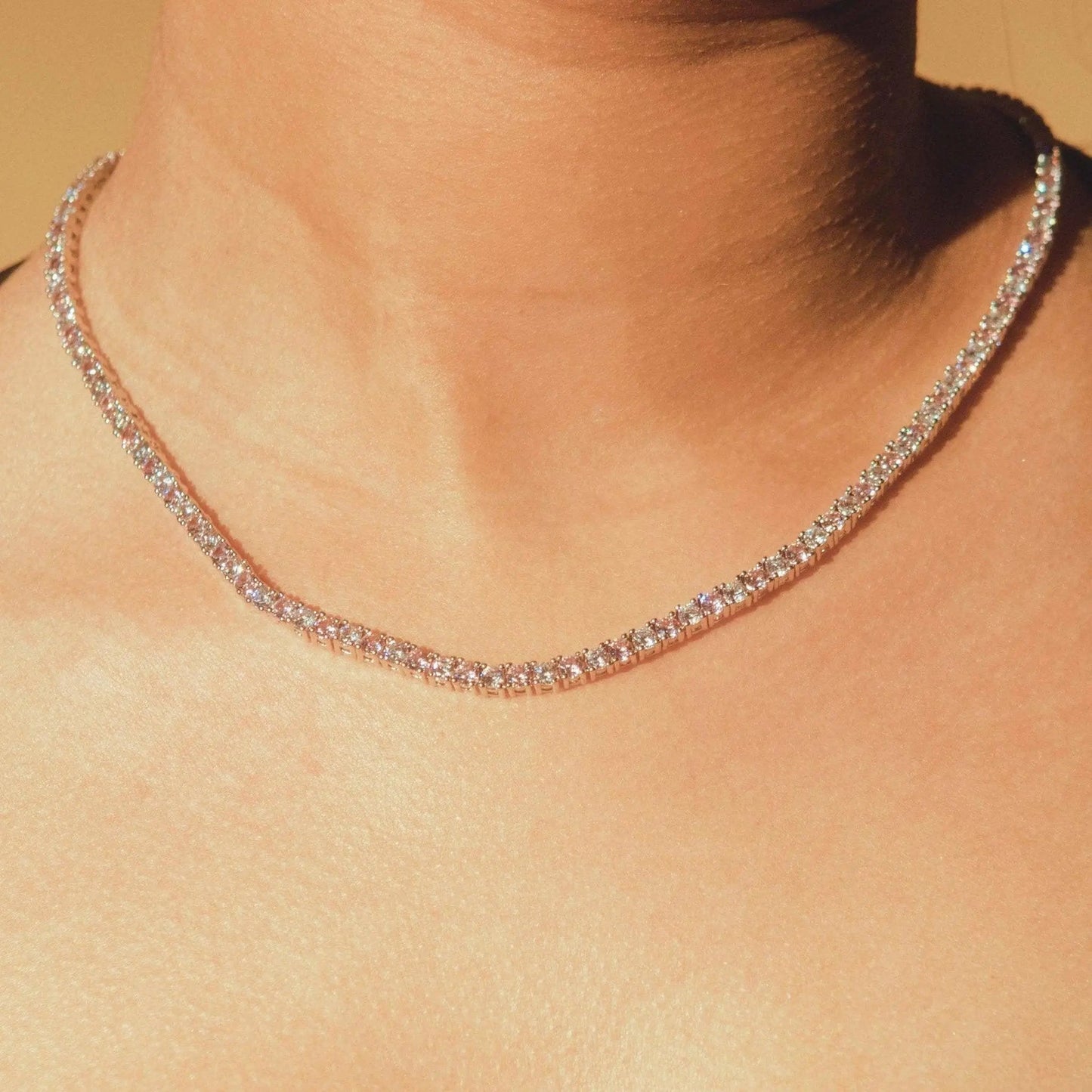 Collier Tennis 3mm Rose et Blanc