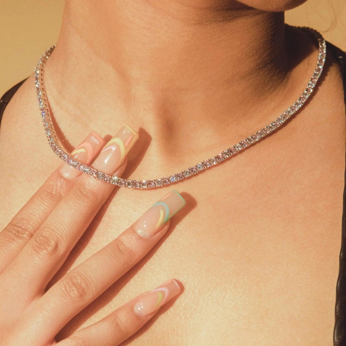 Collier Tennis 3mm Rose et Blanc