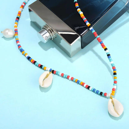 Collier Coquillages Perlé Multicolore avec Perles de Riz Nacrées Tressées à la Main - Or