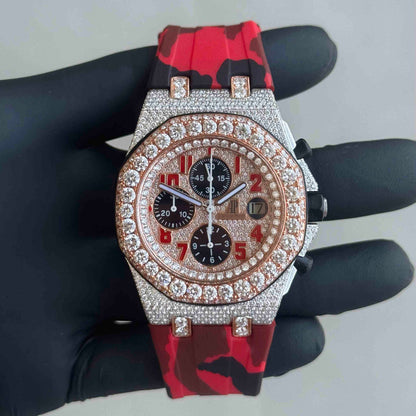 Montre Chronographe Diamant 42mm - Bicolore Or Rose - Bracelet Caoutchouc