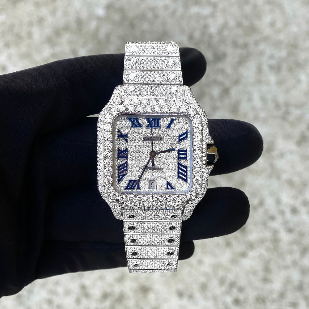 Montre Diamant 40mm - Acier Inoxydable - Cadran Romain - Lunette Gros Diamants