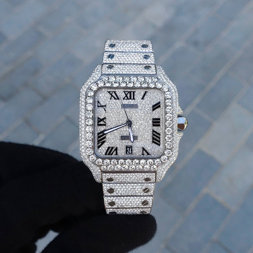 Montre Diamant 40mm - Acier Inoxydable - Cadran Romain - Lunette Gros Diamants