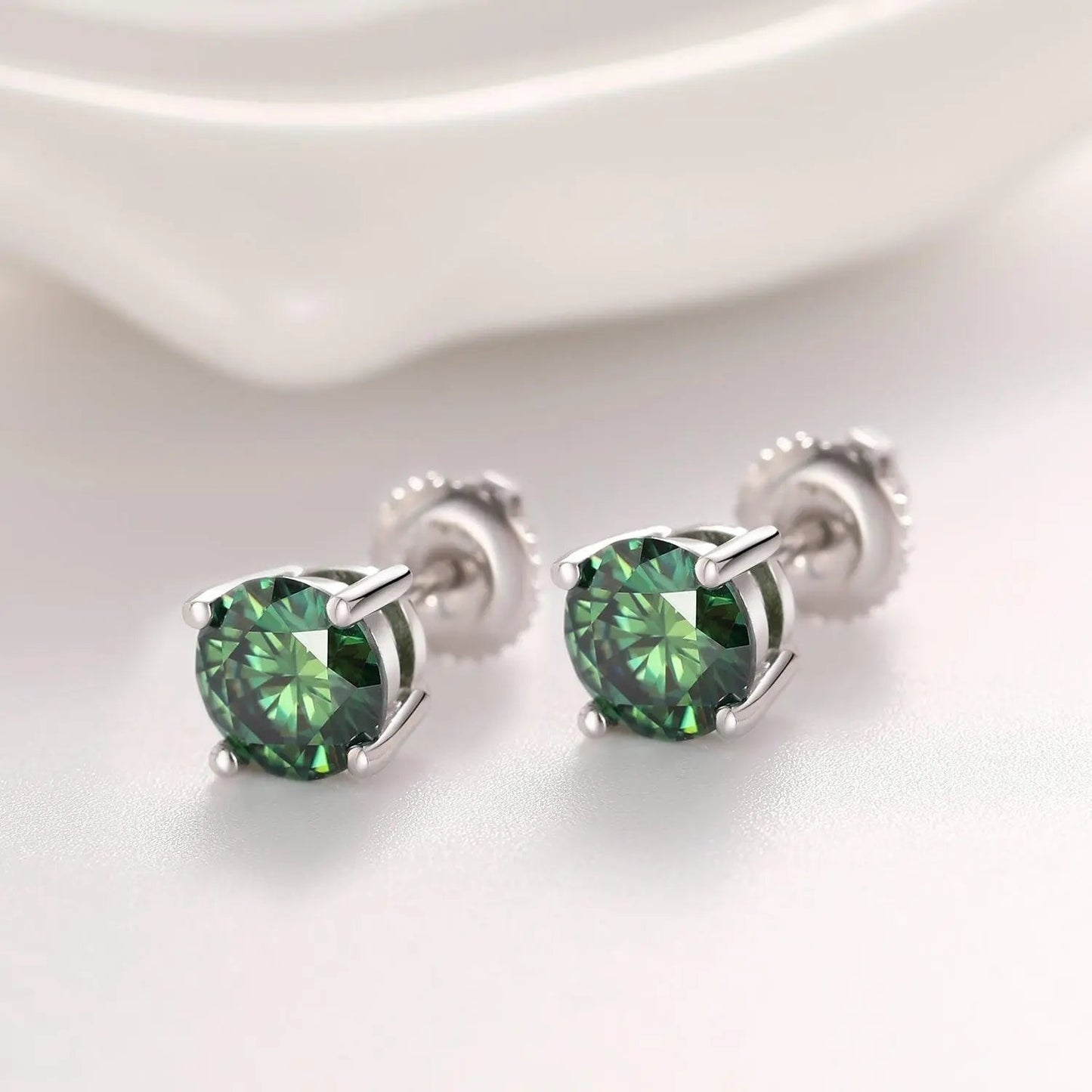 Boucles d'Oreilles Rondes Vertes 1CT - Vermeil Or Blanc