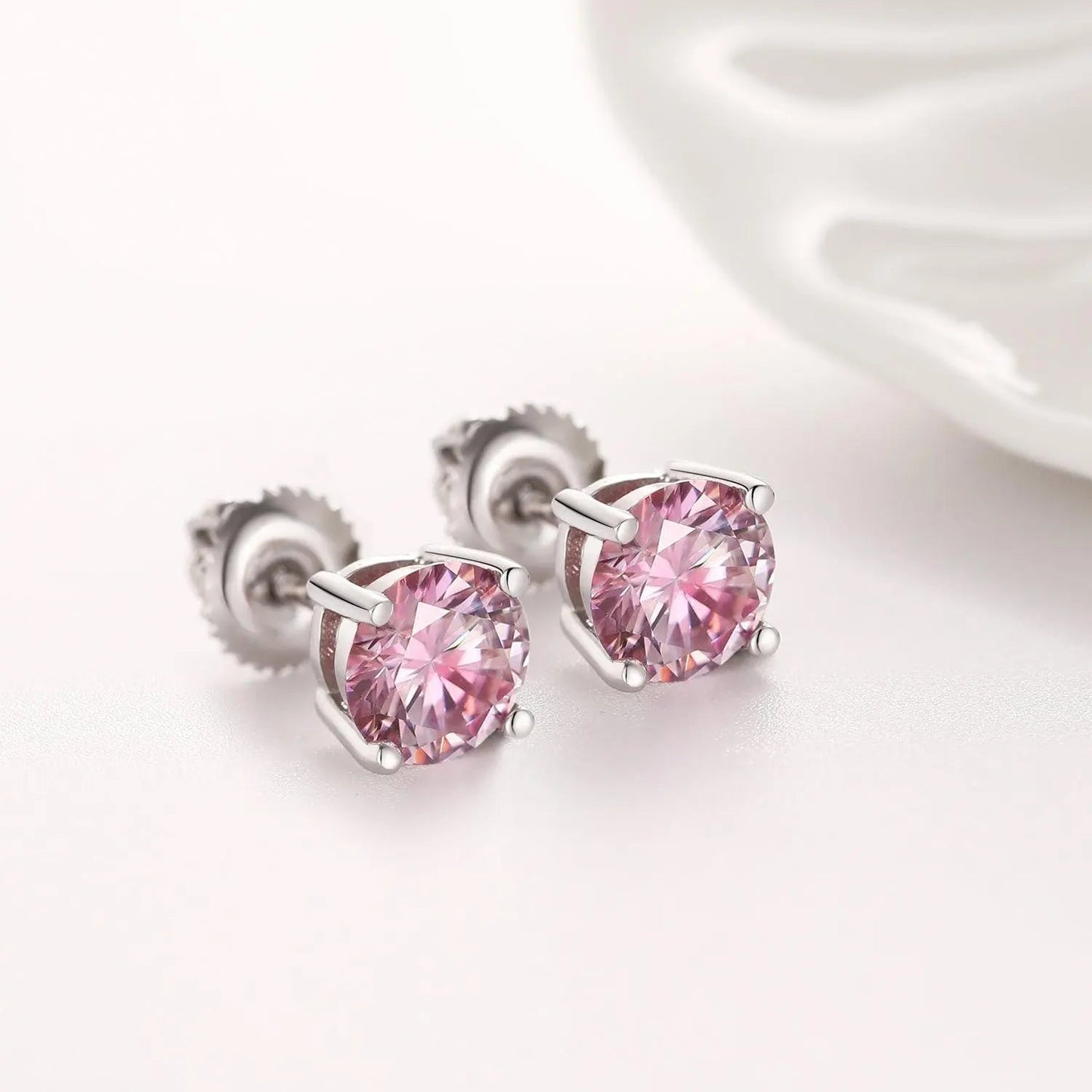 Boucles d'Oreilles Rondes Roses 1CT - Vermeil Or Blanc