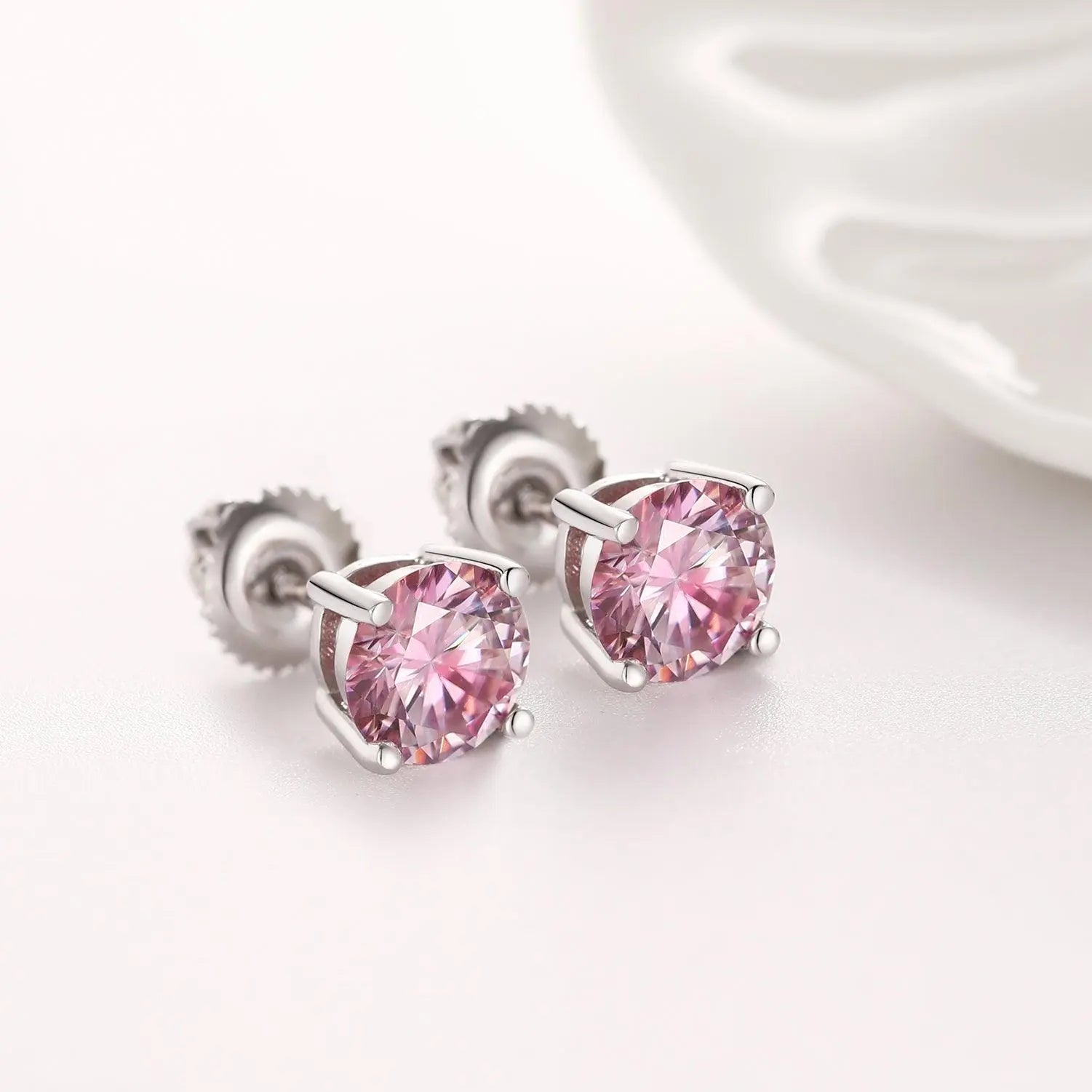 Boucles d'Oreilles Rondes Roses 1CT - Vermeil Or Blanc