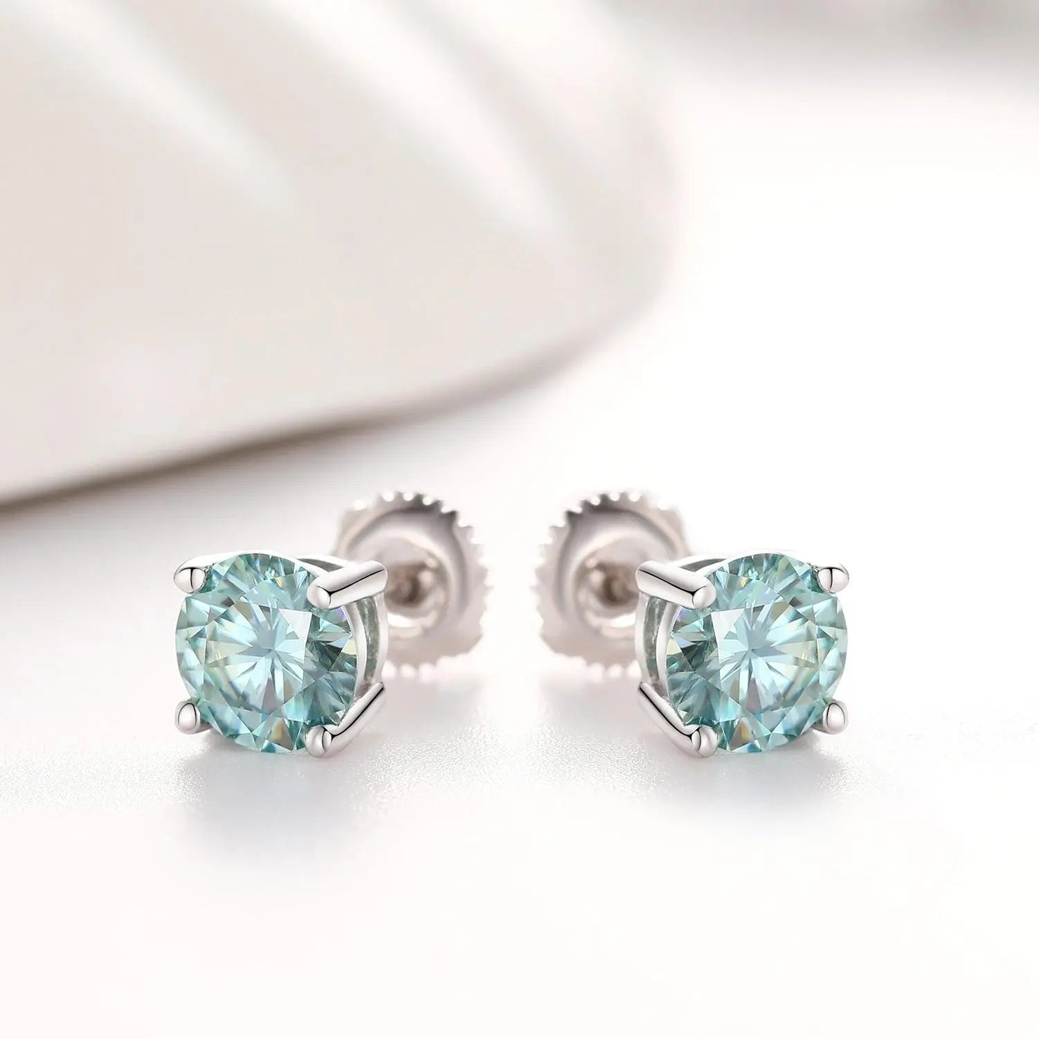 Boucles d'Oreilles Bleues Taille Ronde 1CT Or Blanc Vermeil
