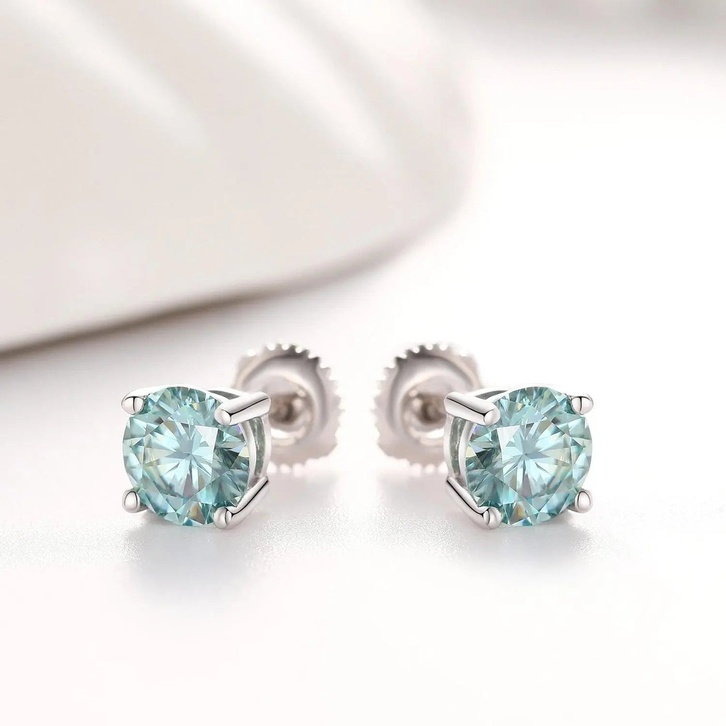 Boucles d'Oreilles Bleues Taille Ronde 1CT Or Blanc Vermeil