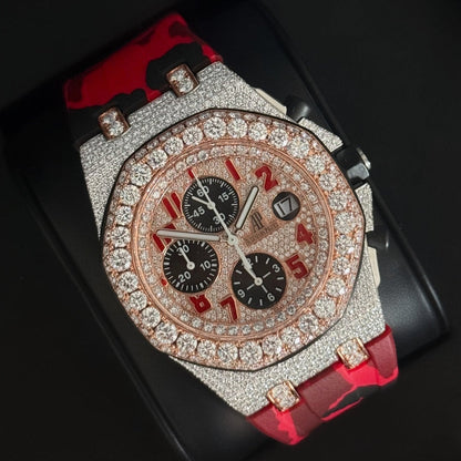 Montre Chronographe Diamant 42mm - Bicolore Or Rose - Bracelet Caoutchouc