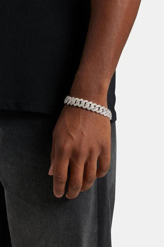 Bracelet Maille Cubaine Diamant à Griffes 14mm - Or Blanc