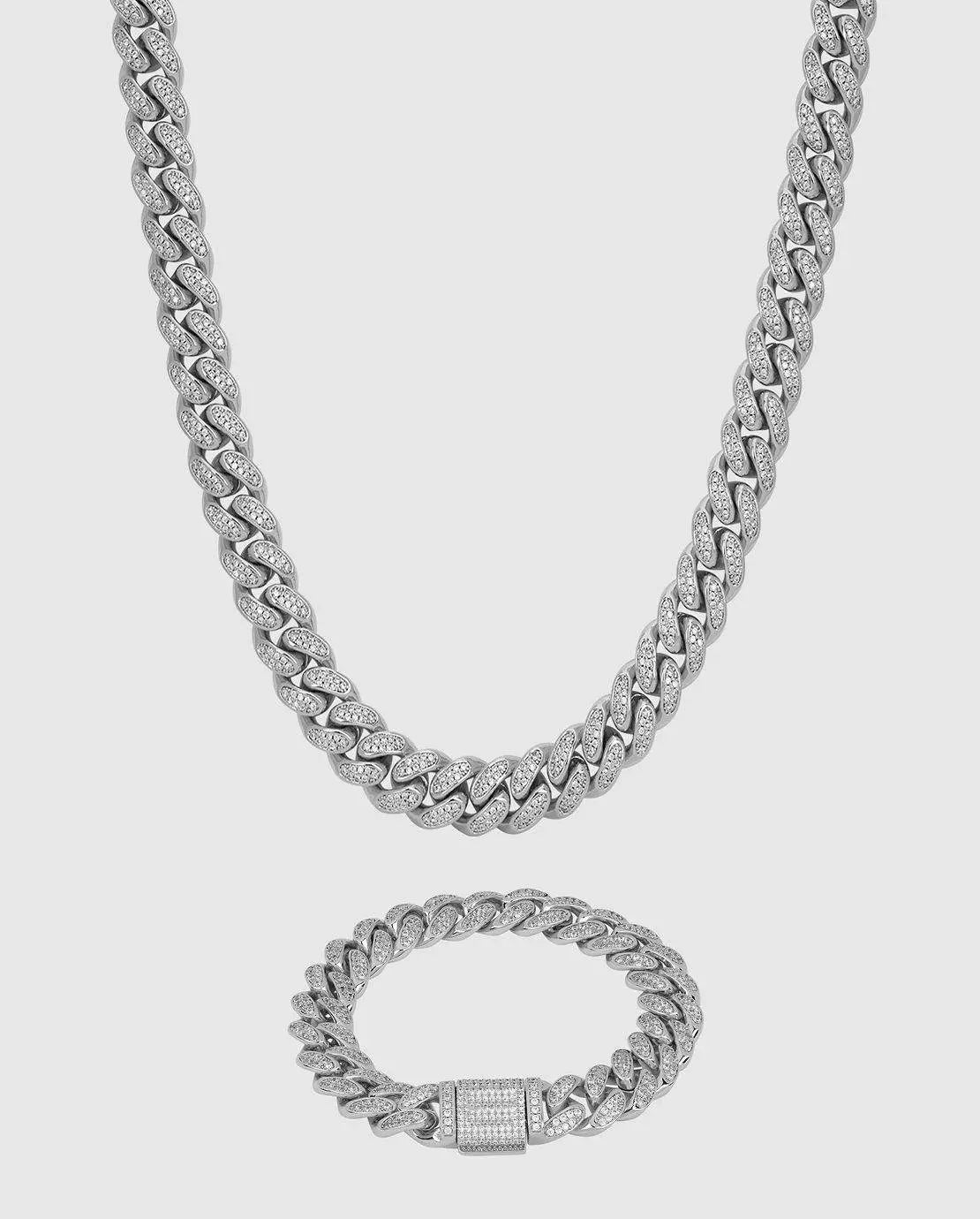 Ensemble Chaîne + Bracelet Maille Cubaine Glacé 12mm Or Blanc