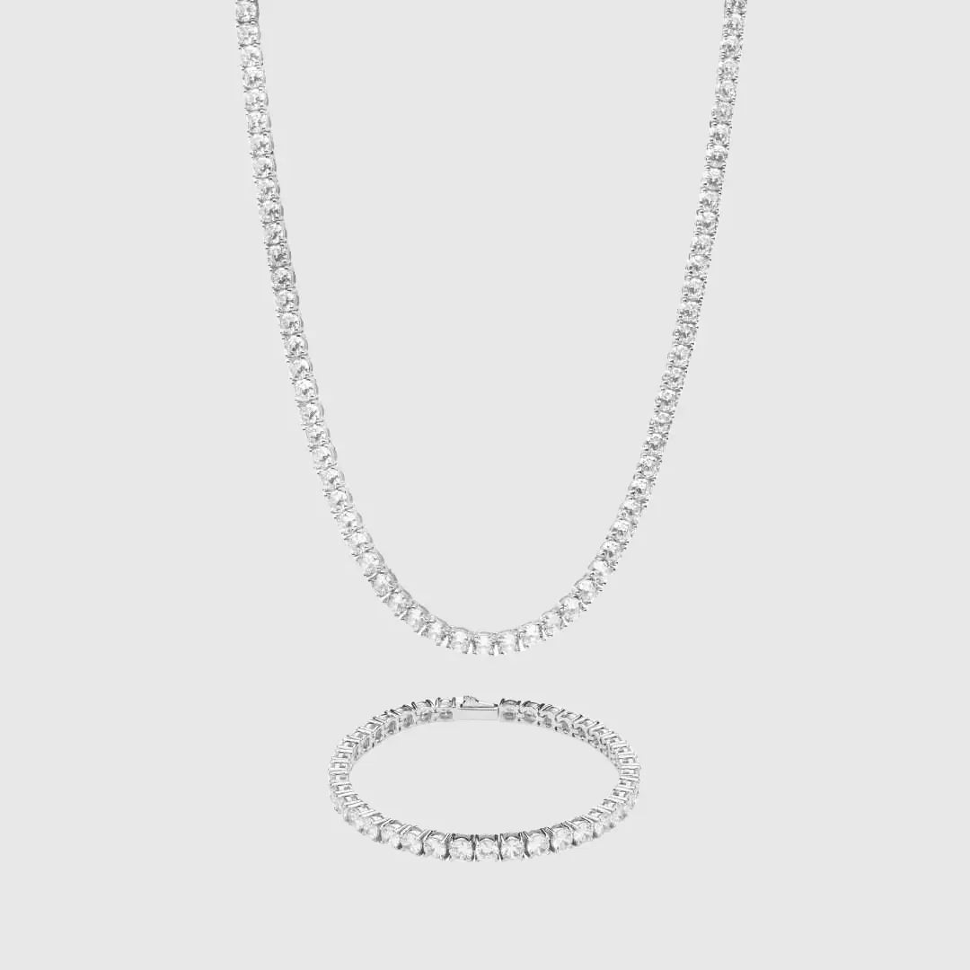 Ensemble Chaîne Tennis + Bracelet 5mm Or Blanc