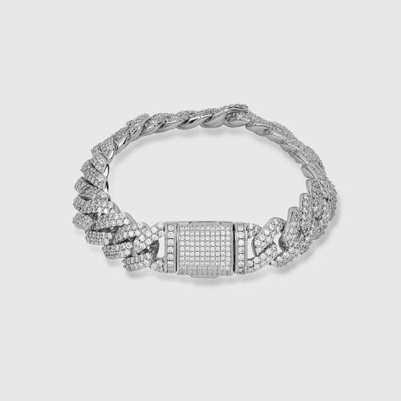 Bracelet Maille Cubaine Diamant à Griffes 14mm - Or Blanc