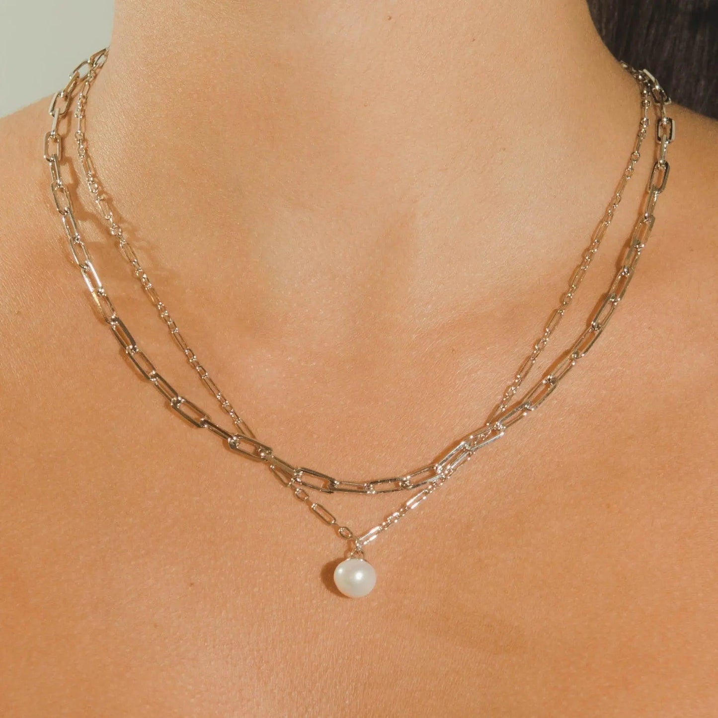 Parure Collier Perle et Chaîne - Or Blanc