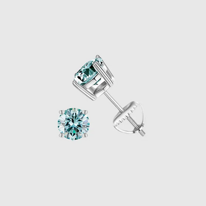 Boucles d'Oreilles Bleues Taille Ronde 1CT Or Blanc Vermeil